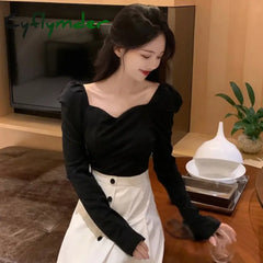 Cyflymder Tops for Women Long Sleeves Puff Sleeves Casual T Shirt Solid Color Square Neck T-shirts