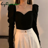 Cyflymder Tops for Women Long Sleeves Puff Sleeves Casual T Shirt Solid Color Square Neck T-shirts