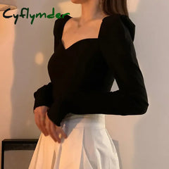 Cyflymder Tops for Women Long Sleeves Puff Sleeves Casual T Shirt Solid Color Square Neck T-shirts