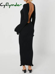 Cyflymder - Tranquility Rib Open Back Long Sleeve Dress Black / Xs Sweater Dresses