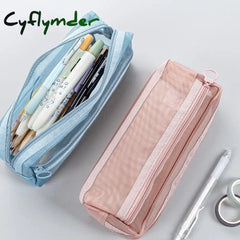 Cyflymder Transparent Mesh Pencil Bag Large Capacity Stationery Holder Round Zipper Pouch Pen Case