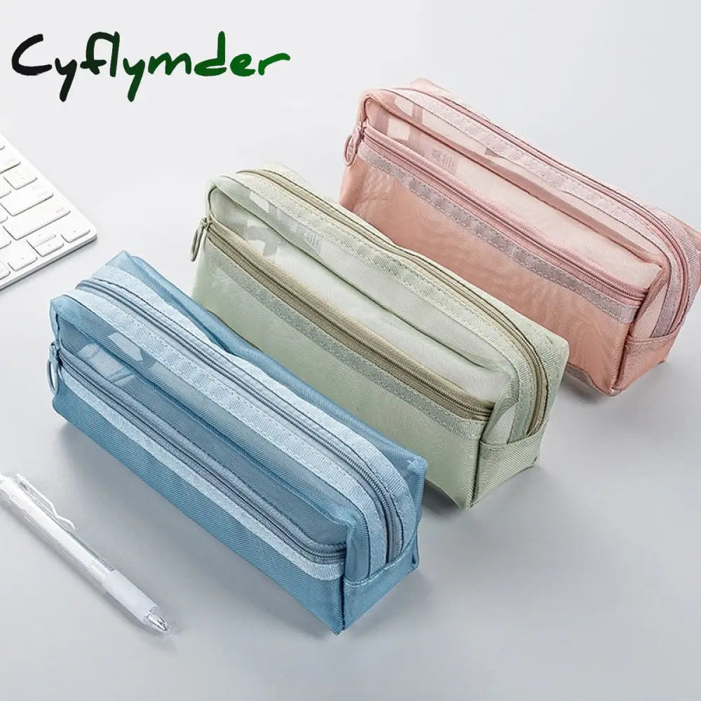 Cyflymder Transparent Mesh Pencil Bag Large Capacity Stationery Holder Round Zipper Pouch Pen Case