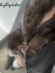 Cyflymder summer inspo Autumn New Clothes Women’s Leather Coat Long Sleeve Spliced Faux Trim Button Slim Fit Chic Coat