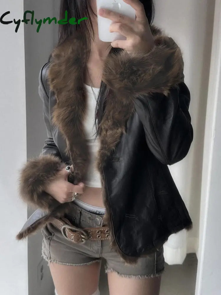 Cyflymder summer inspo Autumn New Clothes Women’s Leather Coat Long Sleeve Spliced Faux Trim Button Slim Fit Chic Coat