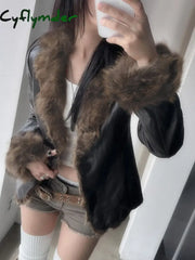 Cyflymder summer inspo Autumn New Clothes Women’s Leather Coat Long Sleeve Spliced Faux Trim Button Slim Fit Chic Coat