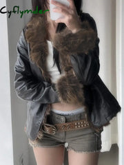 Cyflymder summer inspo Autumn New Clothes Women’s Leather Coat Long Sleeve Spliced Faux Trim Button Slim Fit Chic Coat