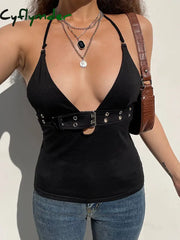 Cyflymder summer inspo Backless Eyelet Buckle Lace-Up V Neck Halter Crop Vest Top Women Punk Style Gothic Streetwear