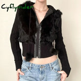 Cyflymder trashy outfits Fake fur Collar Warm Spring Rabbit Fur Coat Female Fur Knitted Jacket Outwear Fashion Long