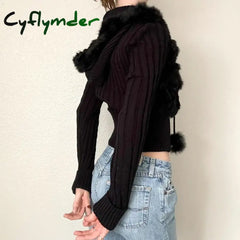 Cyflymder trashy outfits Fake fur Collar Warm Spring Rabbit Fur Coat Female Fur Knitted Jacket Outwear Fashion Long
