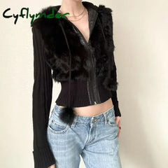 Cyflymder trashy outfits Fake fur Collar Warm Spring Rabbit Fur Coat Female Fur Knitted Jacket Outwear Fashion Long