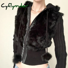 Cyflymder trashy outfits Fake fur Collar Warm Spring Rabbit Fur Coat Female Fur Knitted Jacket Outwear Fashion Long