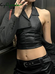 Cyflymder summer inspo Hot Sexy Gyaru Slim Fit Leather Short Tops Women Halter Up Turn Down Collar Fashion Trendy