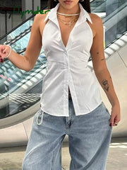 Cyflymder summer inspo Hot Sleeveless Backless Tie Bow Shirts For Women Single Breasted Turn Down V Neck Sexy Halter