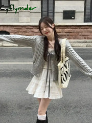 Cyflymder trashy outfits Korean Fashion Grey Cardigans Women Sweet Gil Bow Bandage Coquette Knitted Sweater Mujer