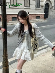 Cyflymder trashy outfits Korean Fashion Grey Cardigans Women Sweet Gil Bow Bandage Coquette Knitted Sweater Mujer