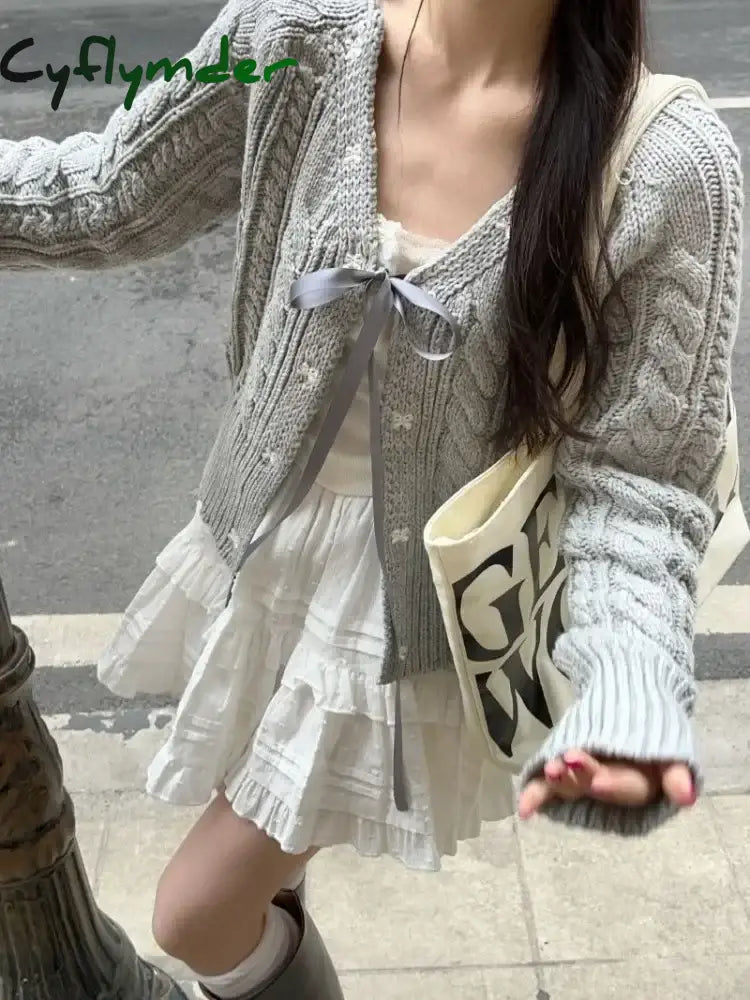Cyflymder trashy outfits Korean Fashion Grey Cardigans Women Sweet Gil Bow Bandage Coquette Knitted Sweater Mujer