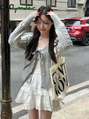 Cyflymder trashy outfits Korean Fashion Grey Cardigans Women Sweet Gil Bow Bandage Coquette Knitted Sweater Mujer