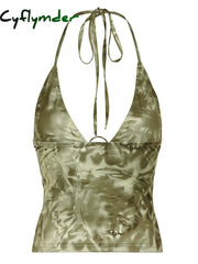 Cyflymder summer inspo Retro Forest Green Tie Dye Print Summer Boho Camisole Seeveless Backless Tie Halter V Neck Sexy