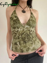 Cyflymder summer inspo Retro Forest Green Tie Dye Print Summer Boho Camisole Seeveless Backless Tie Halter V Neck Sexy