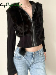 Cyflymder trashy outfits Solid Autumn Winter New Hoodies Women Long Sleeve Furry ball Zip Up Hooded Knitted Patchwork