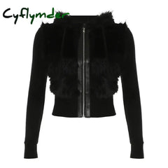 Cyflymder trashy outfits Solid Autumn Winter New Hoodies Women Long Sleeve Furry ball Zip Up Hooded Knitted Patchwork
