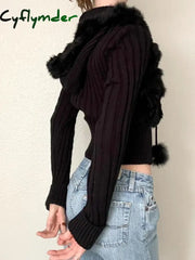 Cyflymder trashy outfits Solid Autumn Winter New Hoodies Women Long Sleeve Furry ball Zip Up Hooded Knitted Patchwork