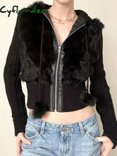Cyflymder trashy outfits Solid Autumn Winter New Hoodies Women Long Sleeve Furry ball Zip Up Hooded Knitted Patchwork
