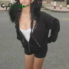 Cyflymder trashy outfits Vintage Fashion Zip Up Women Sweatshirts Casual Fur Collar Hoodies Chic Streetwear Aesthetic