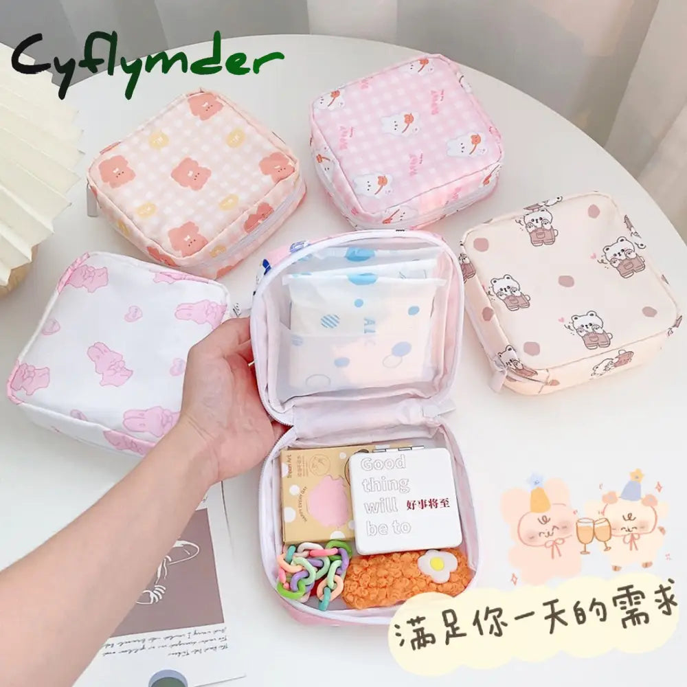 Cyflymder Travel Kawaii Cosmetic Storage Bag For Girls Cute Bear Rabbit Tampon Sanitary Pad Pouch