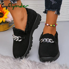 Cyflymder Trend Chain Thick Plush Low Platform Boots Women Winter Wear-Resistant Warm Ankle Boots Female Solid Soft