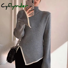 Cyflymder Turtleneck Side Slit Pullover Contrasting Colors Autumn Winter Women Style Top
