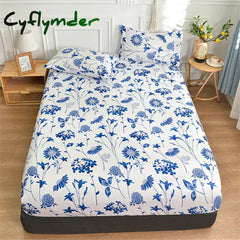 Cyflymder Twin Fitted Bed Sheet with Elastic Blue Flower Printed Bed Cover Single/Queen/King Bed Linen Reactive Printed