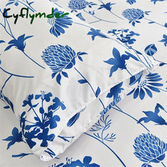 Cyflymder Twin Fitted Bed Sheet with Elastic Blue Flower Printed Bed Cover Single/Queen/King Bed Linen Reactive Printed