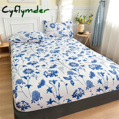 Cyflymder Twin Fitted Bed Sheet with Elastic Blue Flower Printed Bed Cover Single/Queen/King Bed Linen Reactive Printed