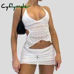 Two Piece Set Chic Women V Neck Halter Camis Tops Sexy Chest Wrap Backless Tie Up Bandage Crop Tops + Mini Pencil Skirt White