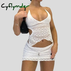 Cyflymder Two Piece Set Chic Women V Neck Halter Camis Tops Sexy Chest Wrap Backless Tie Up Bandage