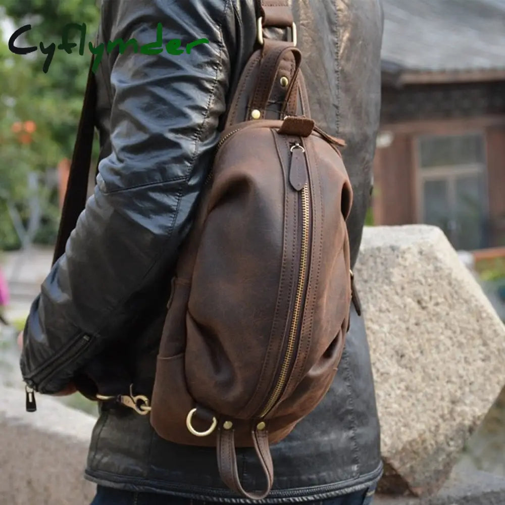 Cyflymder Unique Men’s Crazy Horse Leather Chest Bag Real Cowhide Ipad Mini Male Single Shoulder