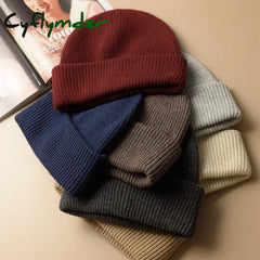 Cyflymder Unisex Large Size Winter Real Wool Knitted Beanies for Women Fashion Solid Warm Cashmere Wool Skullies