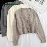 Cyflymder V Neck Cropped Cardigan Women Long Sleeve Twist Knitted Sweater Coats Autumn Winter Keep Warm Korean Fashion
