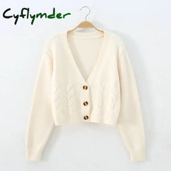 Cyflymder V Neck Cropped Cardigan Women Long Sleeve Twist Knitted Sweater Coats Autumn Winter Keep Warm Korean Fashion