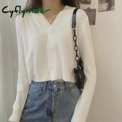 Cyflymder V Neck Cropped Cardigan Women Long Sleeve Twist Knitted Sweater Coats Autumn Winter Keep Warm Korean Fashion