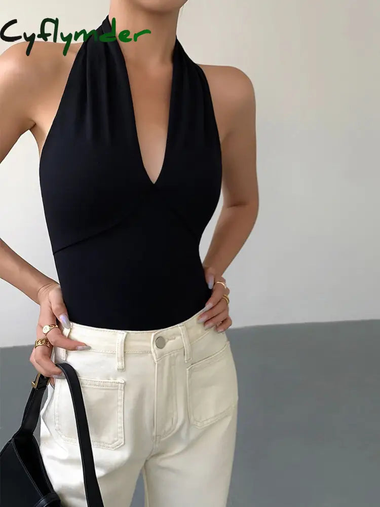 Cyflymder - V-Neck Halter Open Back Tank Top Black / Xs Tops & Camis