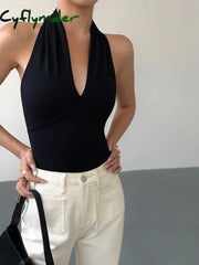 Cyflymder - V-Neck Halter Open Back Tank Top Black / Xs Tops & Camis