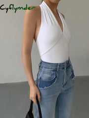 Cyflymder - V-Neck Halter Open Back Tank Top White / Xs Tops & Camis