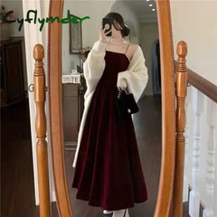 Cyflymder Velvet Spaghetti Strap Burgundy Midi Cocktail Dresses for Women Elegant Tea Length Prom Midi Dresses