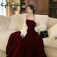 Cyflymder Velvet Spaghetti Strap Burgundy Midi Cocktail Dresses for Women Elegant Tea Length Prom Midi Dresses