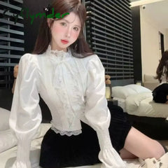 Cyflymder Victorian Elegant Lolita Blouses Women Sweet Lace Ruffles Bandage Puff Long Sleeve Shirts Korean Fashion Slim