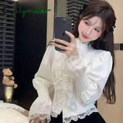 Cyflymder Victorian Elegant Lolita Blouses Women Sweet Lace Ruffles Bandage Puff Long Sleeve Shirts Korean Fashion Slim