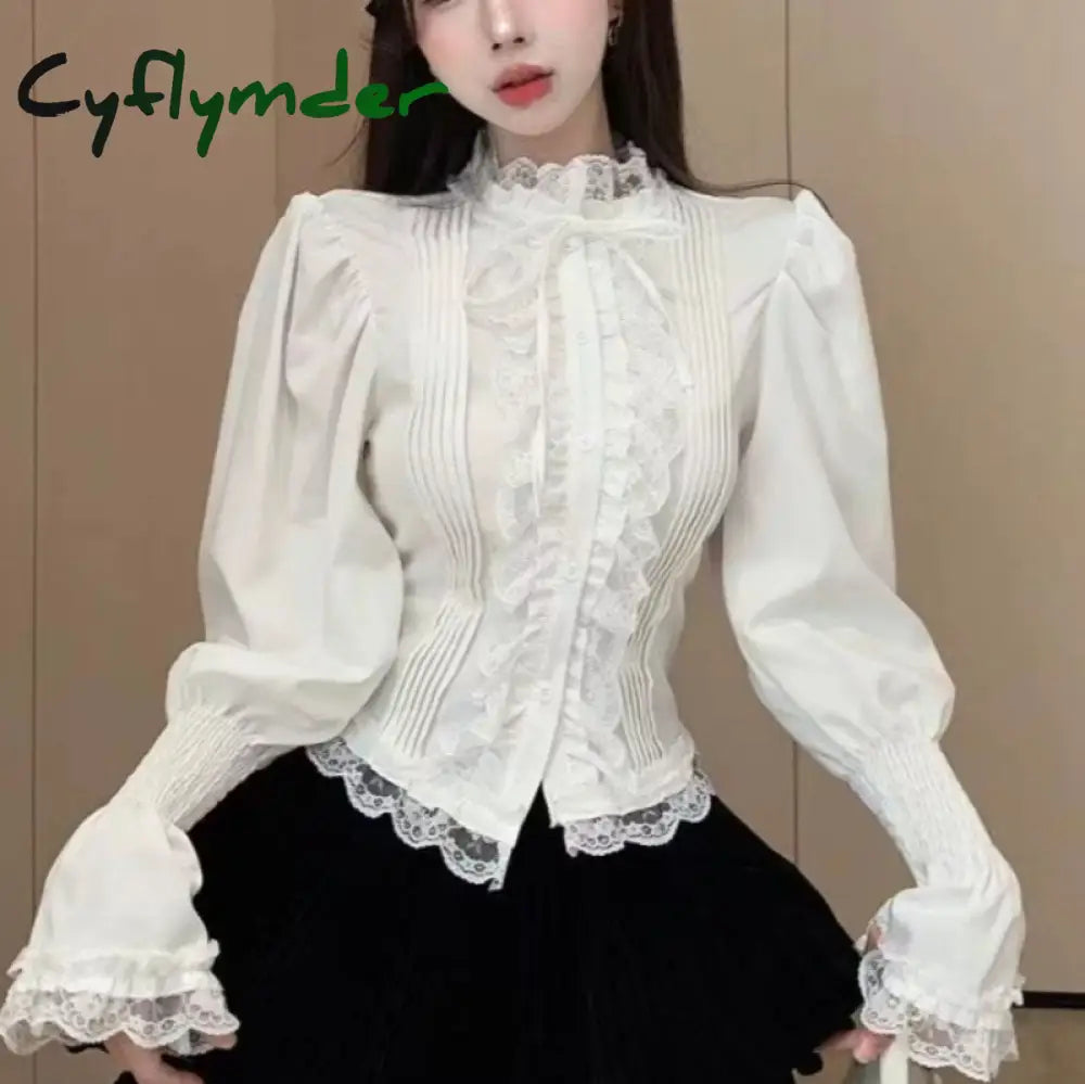 Cyflymder Victorian Elegant Lolita Blouses Women Sweet Lace Ruffles Bandage Puff Long Sleeve Shirts Korean Fashion Slim
