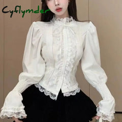 Cyflymder Victorian Elegant Lolita Blouses Women Sweet Lace Ruffles Bandage Puff Long Sleeve Shirts Korean Fashion Slim